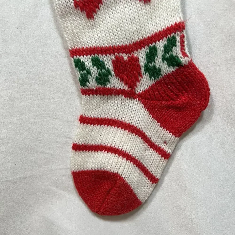 Vintage Knit Christmas Stocking with Wreath & Hearts Red White Green Country